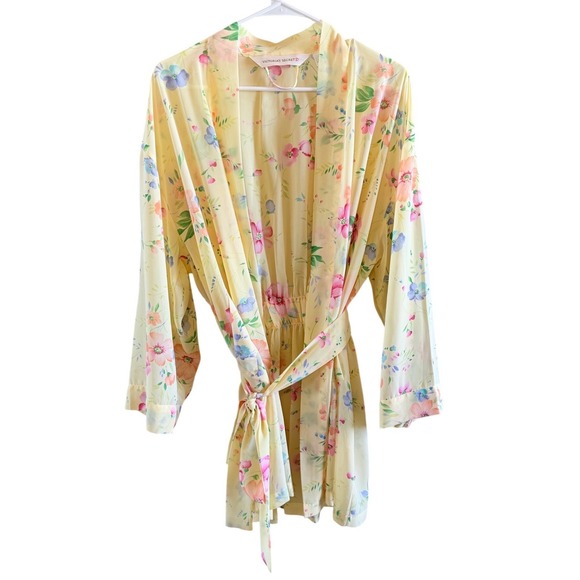 Vintage Victoria's Secret Robe O/S Sheer Butter Yellow Bright Floral Feminine